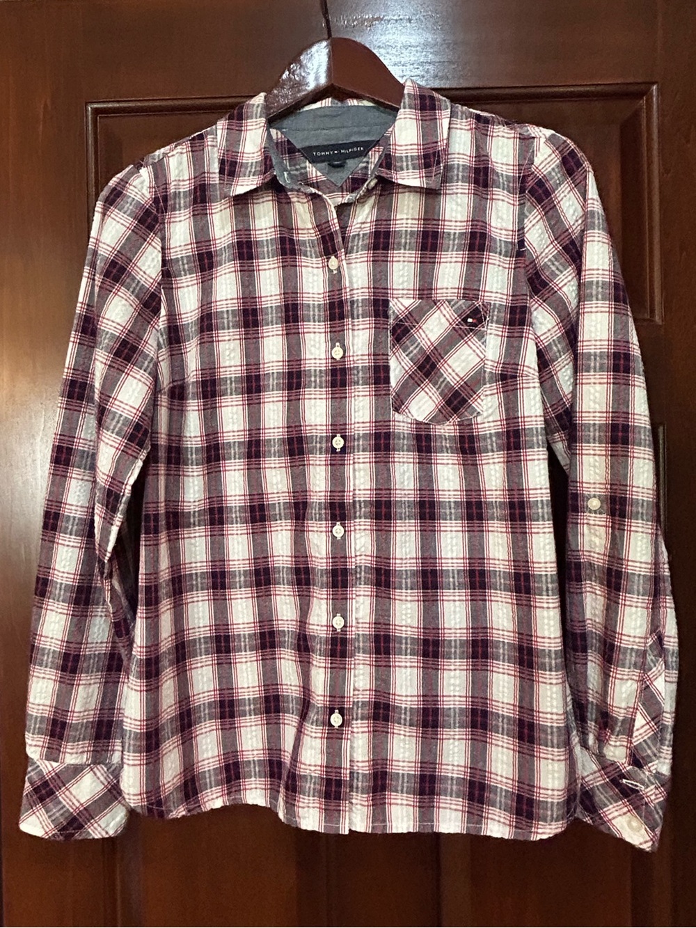 Tommy Hilfiger Women’s Plaid Button Front Shirt Small Red Navy
